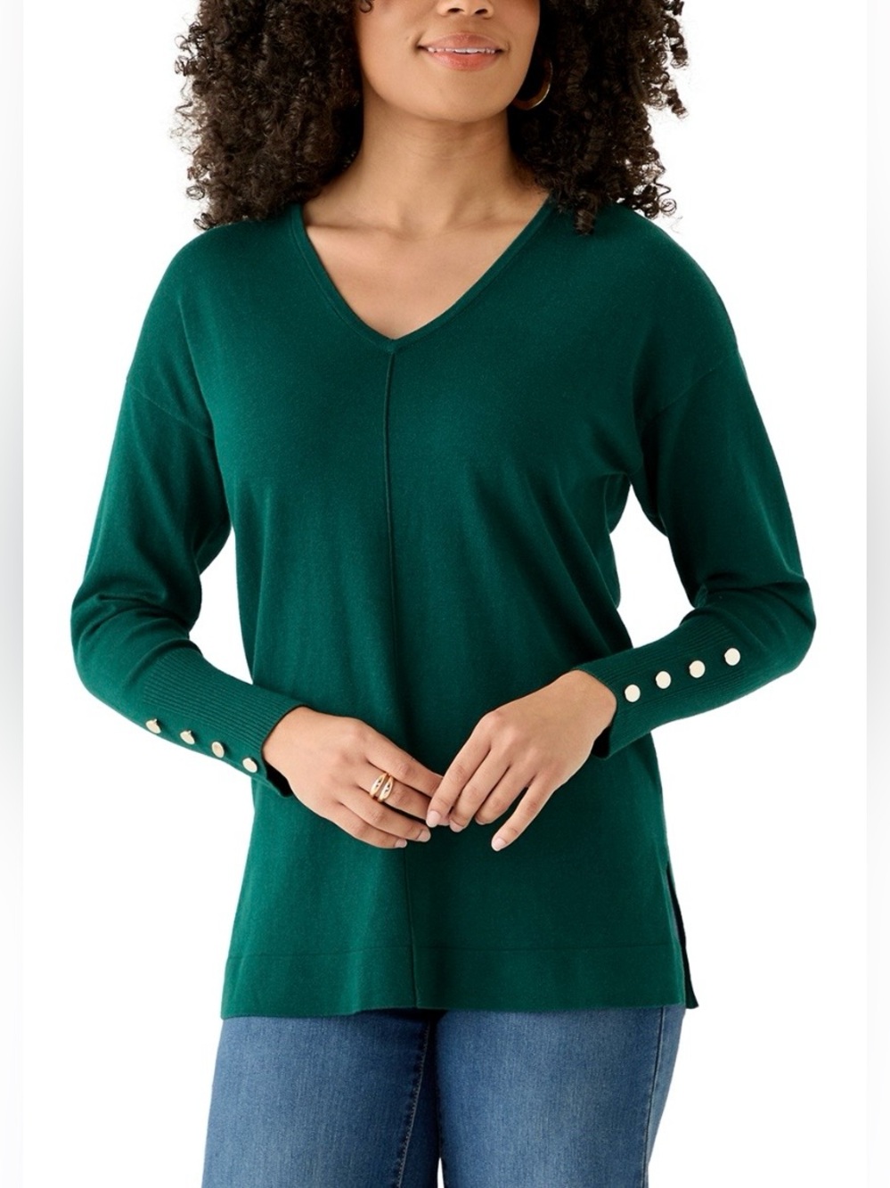 Anne Klein Green V Neck Cotton Viscose Button Sweater Size XS